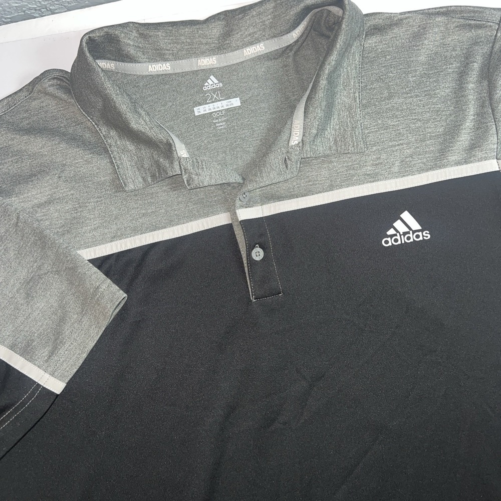 Adidas Golf Polo Shirt Mens Size 2XL Grey Striped Short Sleeve‎ Sports Hobby